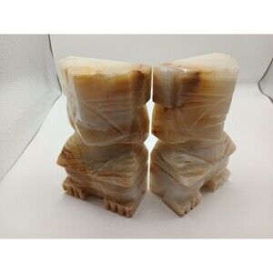 Vintage Pair Carved Heavy Marble Onyx/Alabaster Aztec Mayan Tiki Stone Bookends